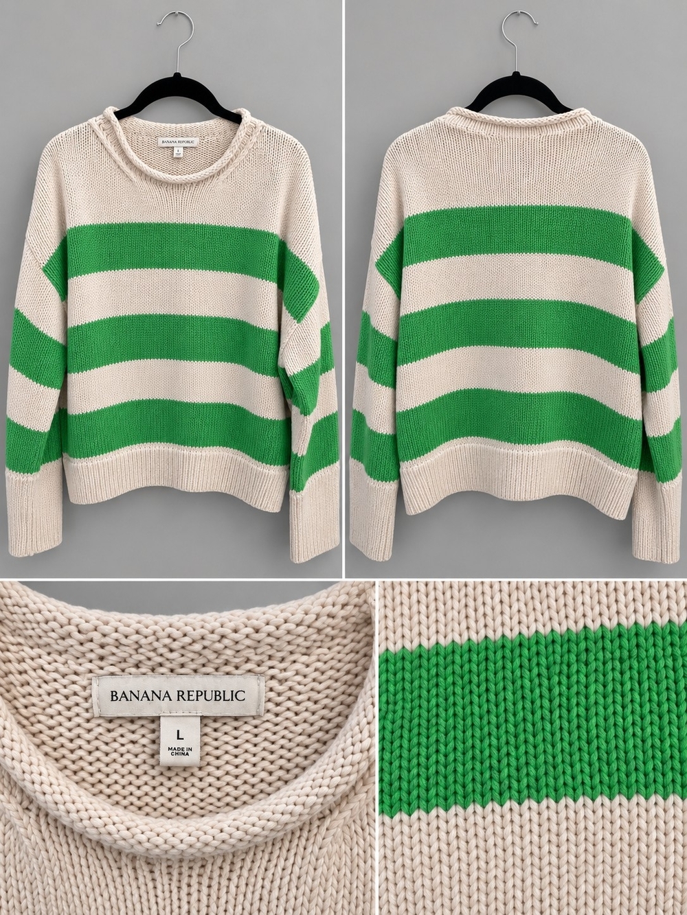 Banana Republic 100% Cotton Cream and Bright Green Striped Crewneck Sweater
